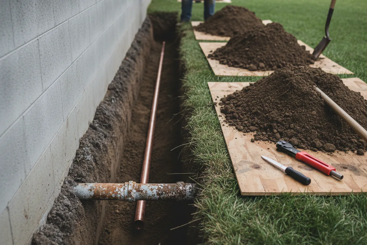 Excavated water line trench during Water Softener Installation in Laurens
